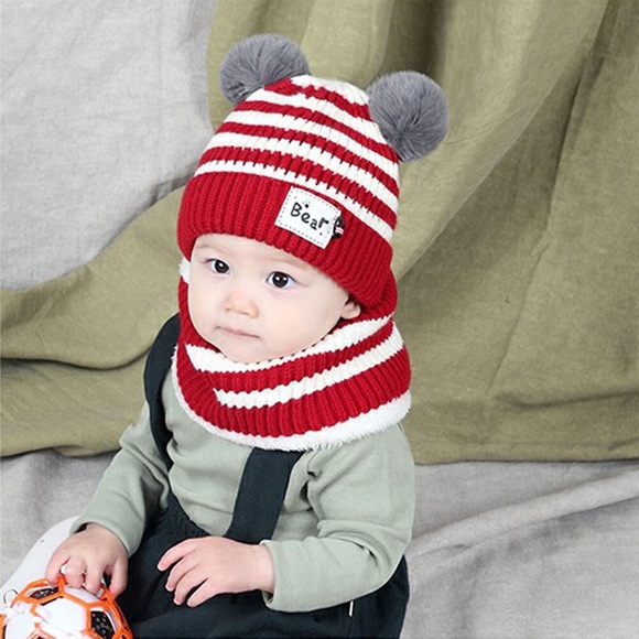 Infant Baby Red Striped Winter Hat & Ring Scarf Set - Picture 2 of 16